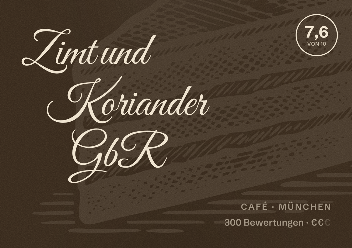 Illustriertes Poster von Zimt und Koriander GbR, Café in München: Bewertung 7,6 von 10 aus 300 Bewertungen, Preisniveau €€