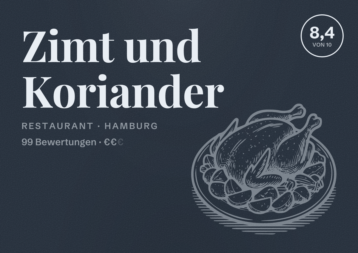 Illustriertes Poster von Zimt und Koriander, Restaurant in Hamburg: Bewertung 8,4 von 10 aus 99 Bewertungen, Preisniveau €€