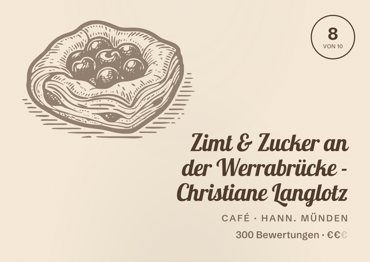 Illustriertes Poster von Zimt & Zucker an der Werrabrücke - Christiane Langlotz, Café in Hann. Münden: Bewertung 8 von 10 aus 300 Bewertungen, Preisniveau €€