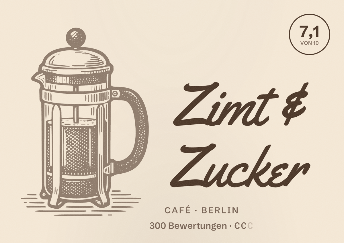 Illustriertes Poster von Zimt & Zucker, Café in Berlin: Bewertung 7,1 von 10 aus 300 Bewertungen, Preisniveau €€