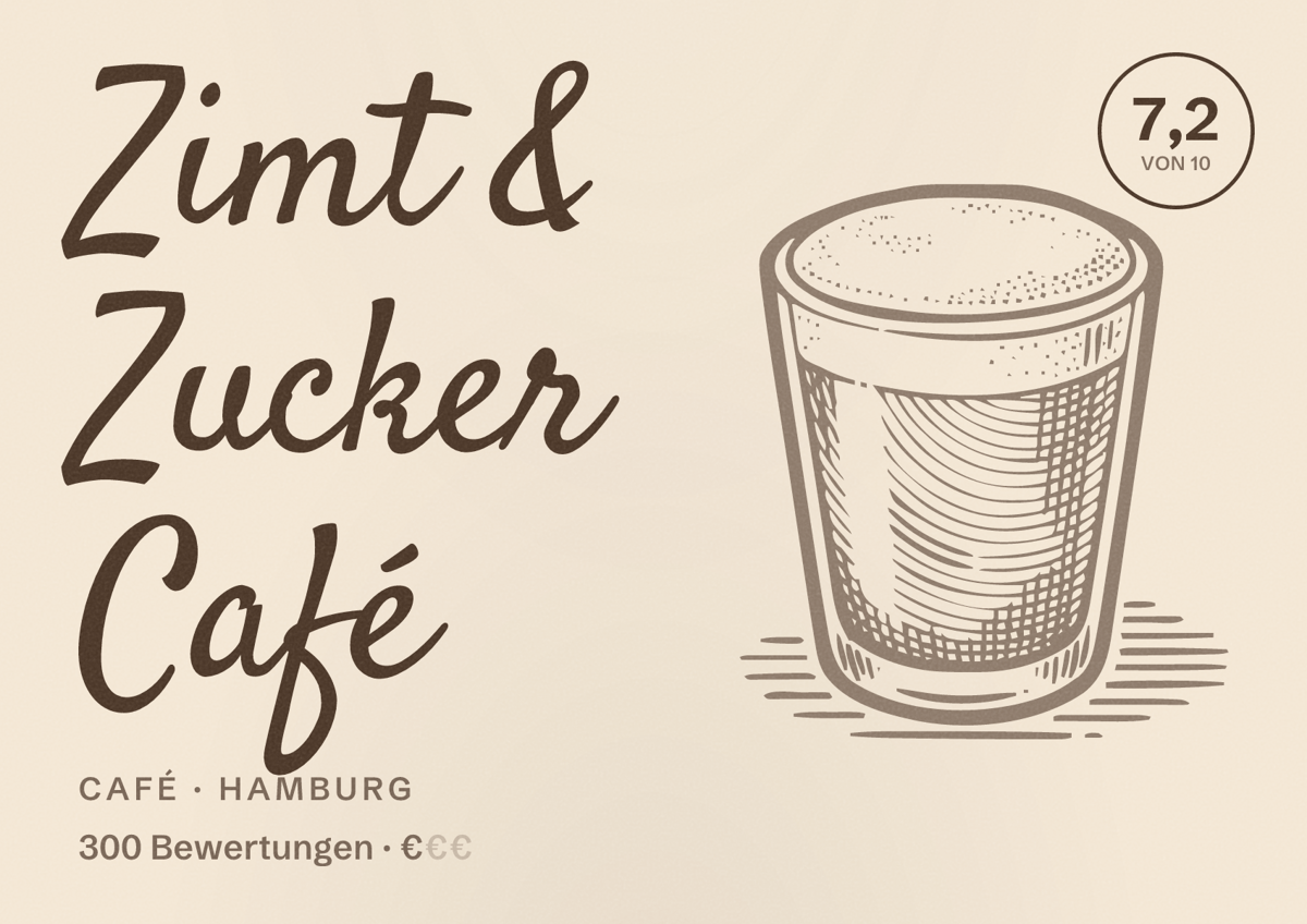 Illustriertes Poster von Zimt & Zucker Café, Café in Hamburg: Bewertung 7,2 von 10 aus 300 Bewertungen, Preisniveau €