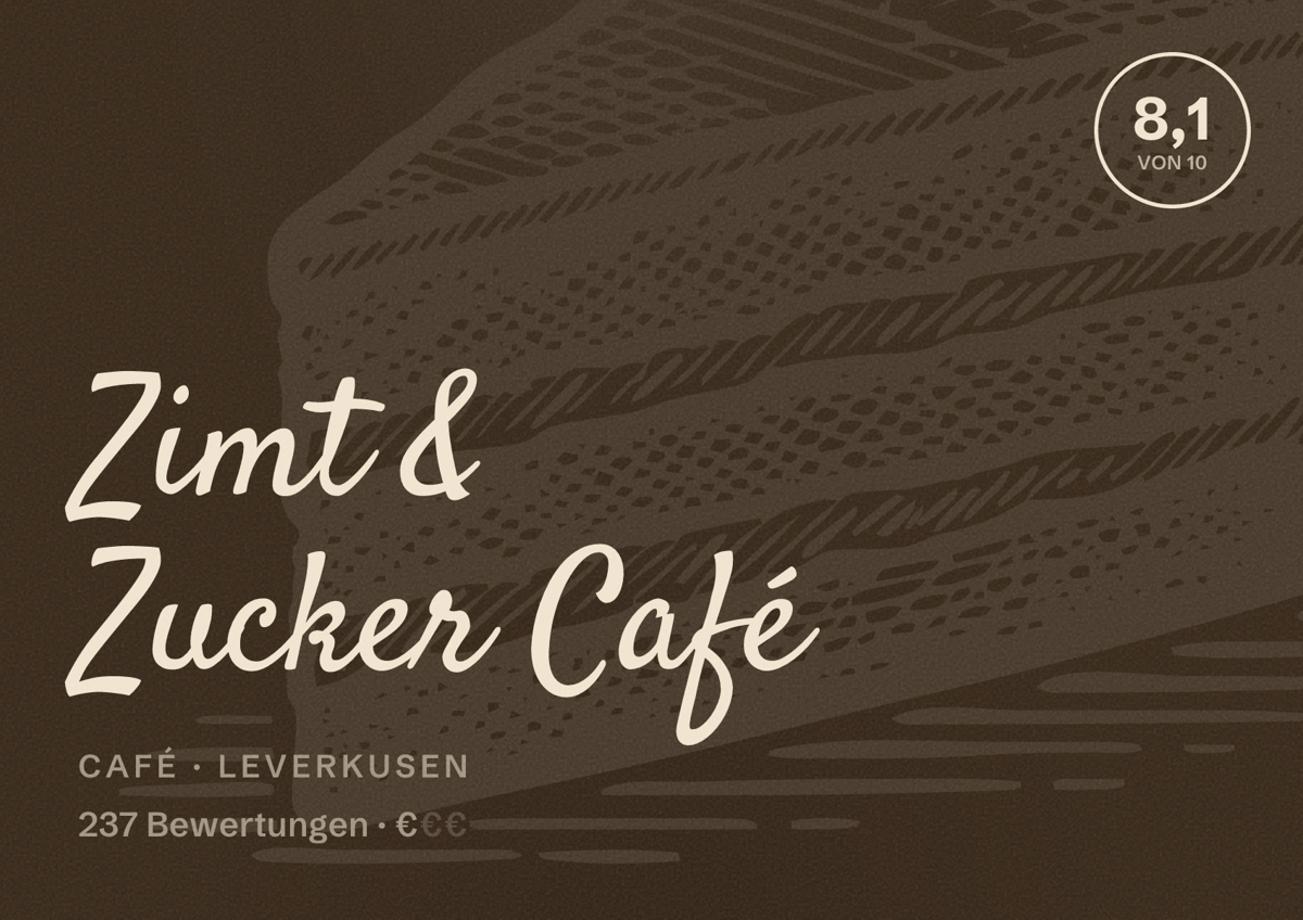 Illustriertes Poster von Zimt & Zucker Café, Café in Leverkusen: Bewertung 8,1 von 10 aus 237 Bewertungen, Preisniveau €