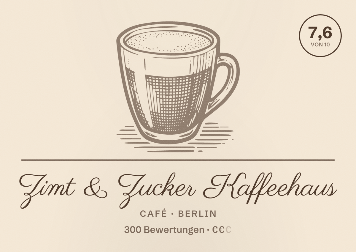 Illustriertes Poster von Zimt & Zucker Kaffeehaus, Café in Berlin: Bewertung 7,6 von 10 aus 300 Bewertungen, Preisniveau €€