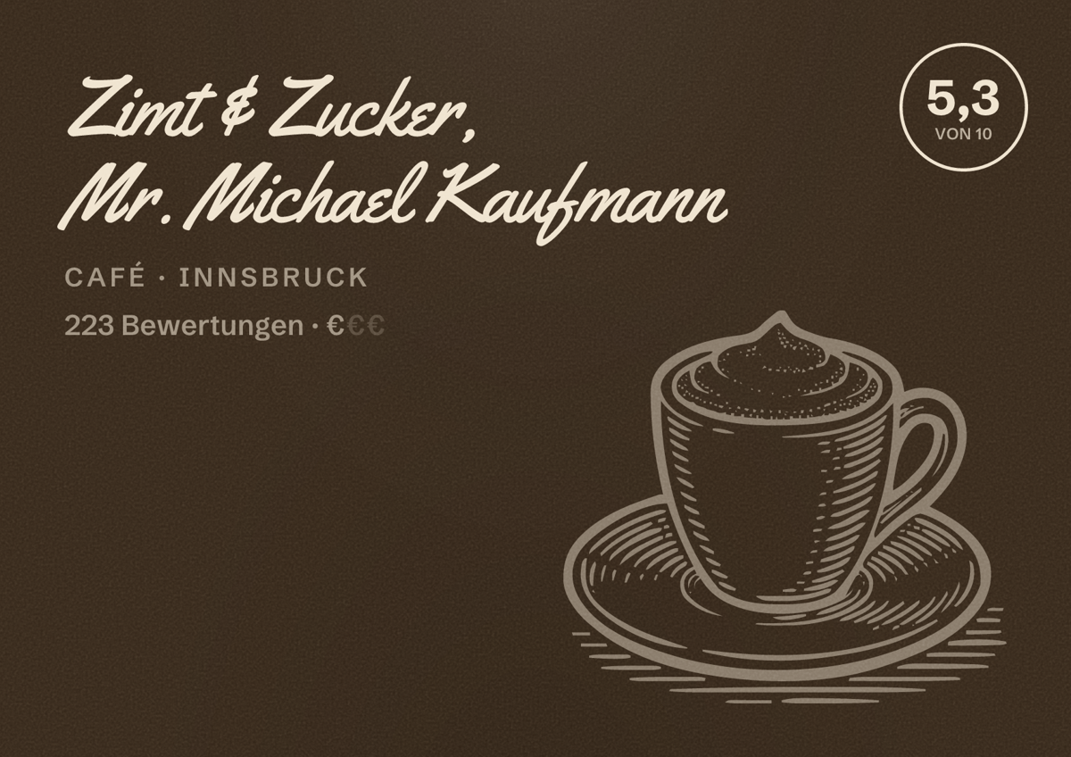 Illustriertes Poster von Zimt & Zucker, Mr. Michael Kaufmann, Café in Innsbruck: Bewertung 5,3 von 10 aus 223 Bewertungen, Preisniveau €