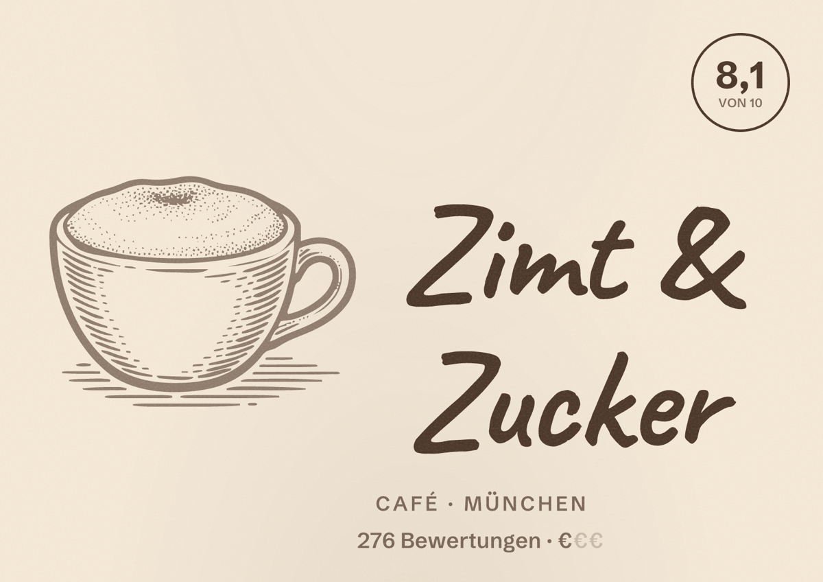 Illustriertes Poster von Zimt & Zucker, Café in München: Bewertung 8,1 von 10 aus 276 Bewertungen, Preisniveau €