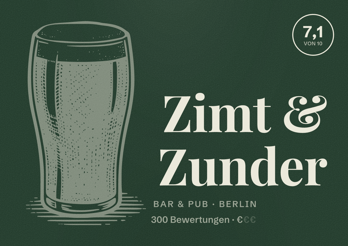 Illustriertes Poster von Zimt & Zunder, Bar & Pub in Berlin: Bewertung 7,1 von 10 aus 300 Bewertungen, Preisniveau €
