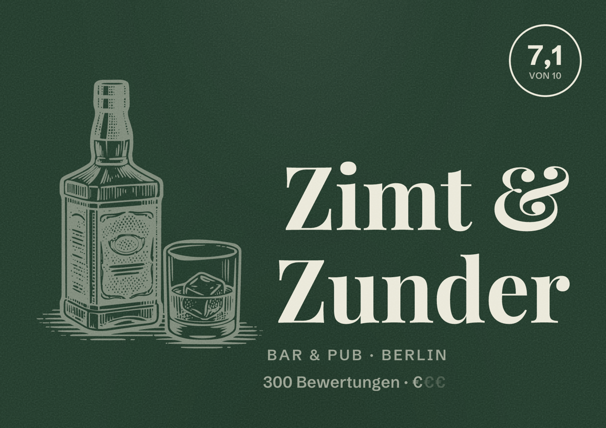 Illustriertes Poster von Zimt & Zunder, Bar & Pub in Berlin: Bewertung 7,1 von 10 aus 300 Bewertungen, Preisniveau €