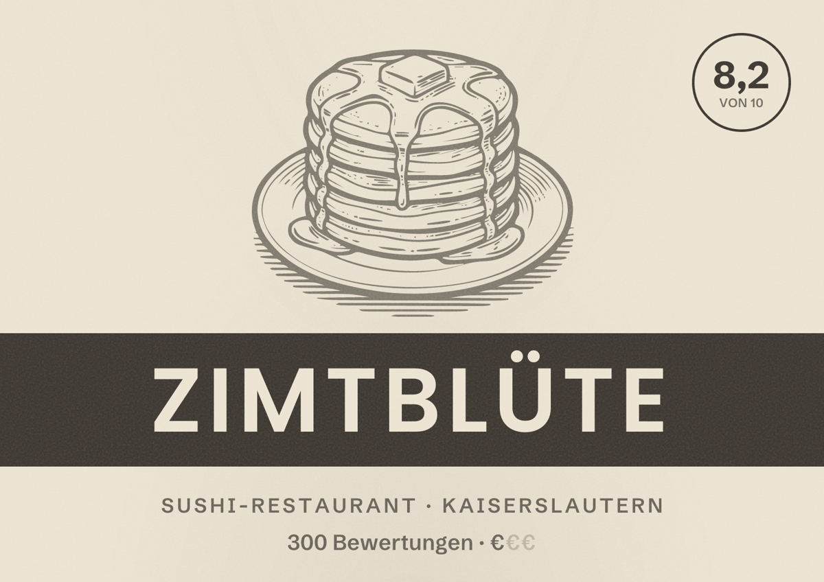 Illustriertes Poster von Zimtblüte, Sushi-Restaurant in Kaiserslautern: Bewertung 8,2 von 10 aus 300 Bewertungen, Preisniveau €