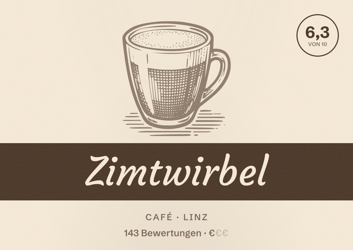 Illustriertes Poster von Zimtwirbel, Café in Linz: Bewertung 6,3 von 10 aus 143 Bewertungen, Preisniveau €