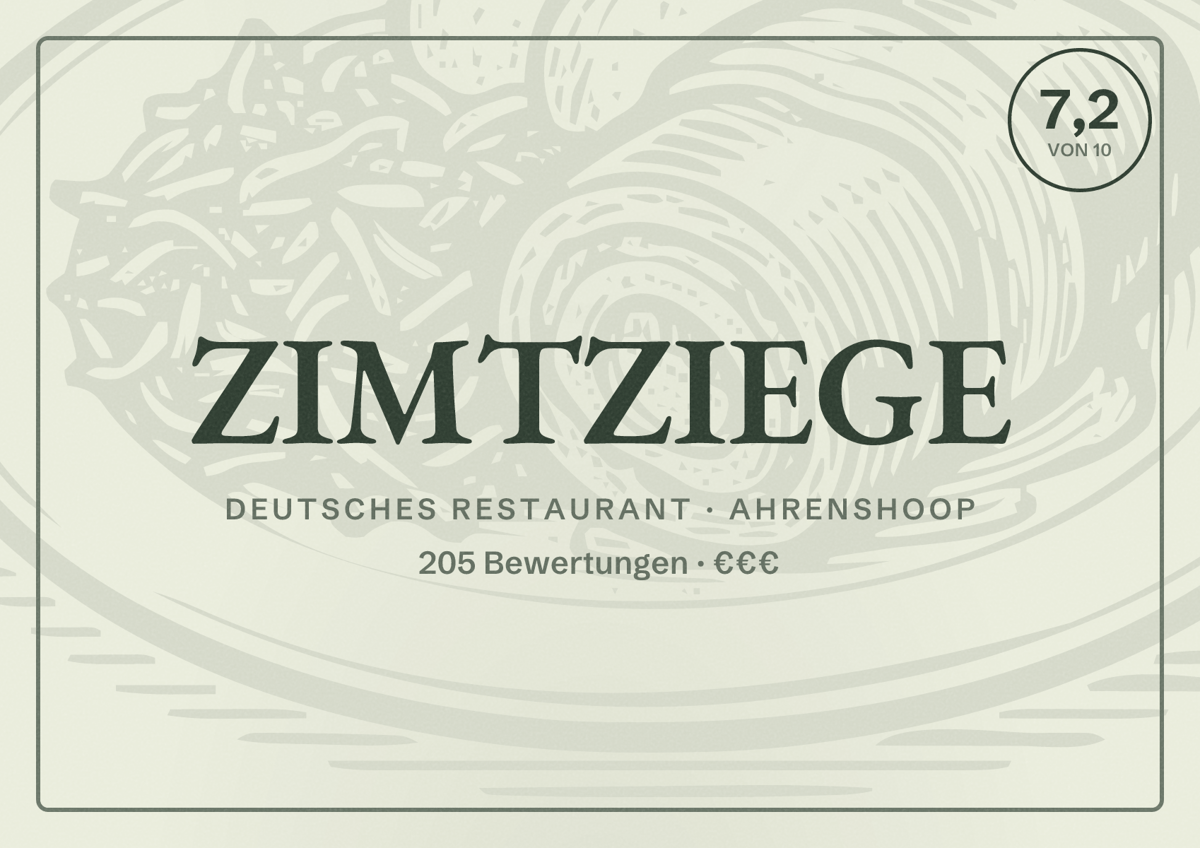 Illustriertes Poster von ZIMTZIEGE, Deutsches Restaurant in Ahrenshoop: Bewertung 7,2 von 10 aus 205 Bewertungen, Preisniveau €€€