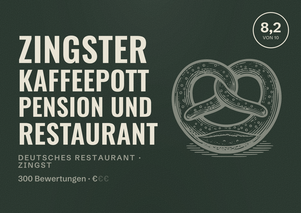 Illustriertes Poster von Zingster Kaffeepott Pension und Restaurant, Deutsches Restaurant in Zingst: Bewertung 8,2 von 10 aus 300 Bewertungen, Preisniveau €