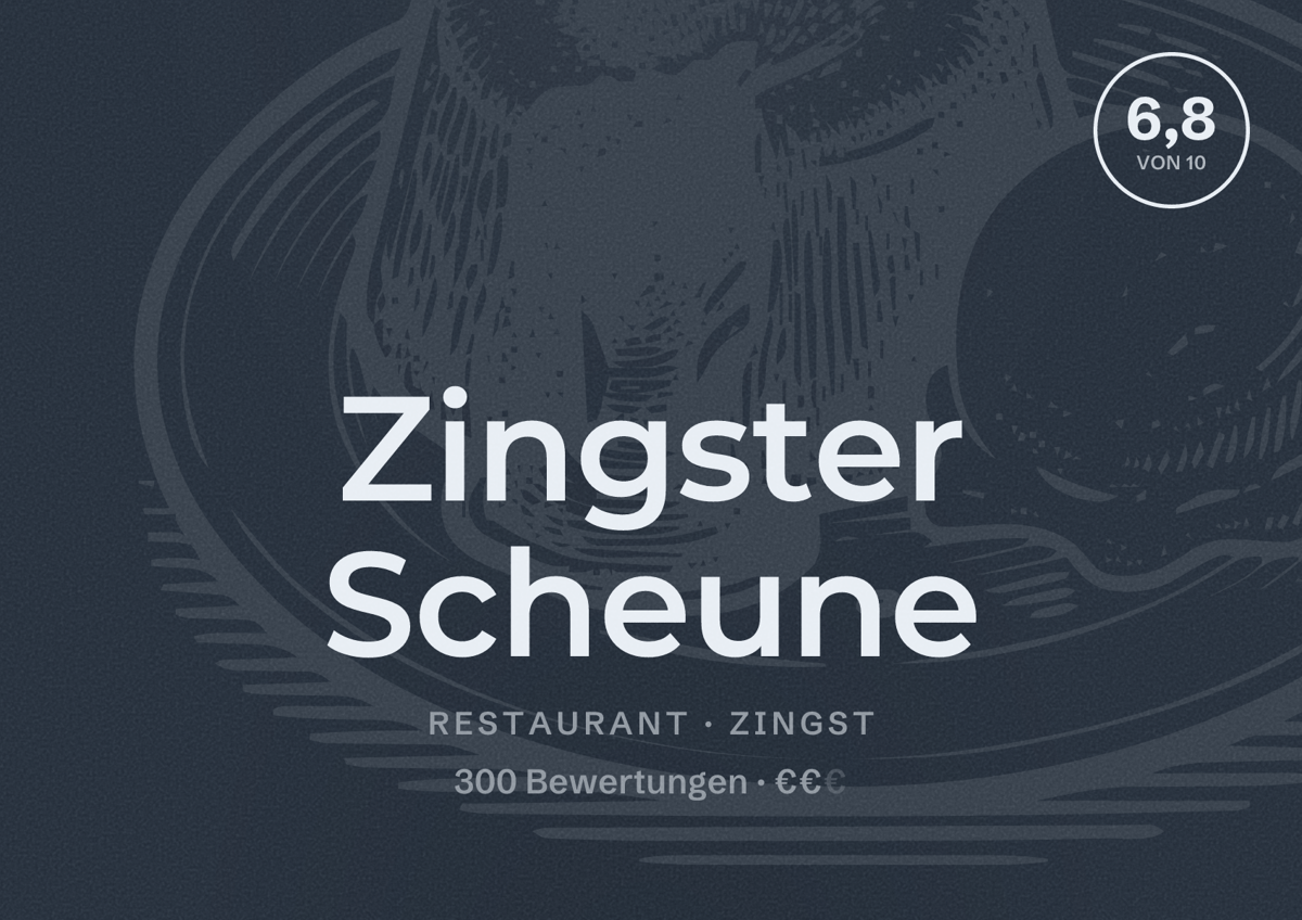 Illustriertes Poster von Zingster Scheune, Restaurant in Zingst: Bewertung 6,8 von 10 aus 300 Bewertungen, Preisniveau €€