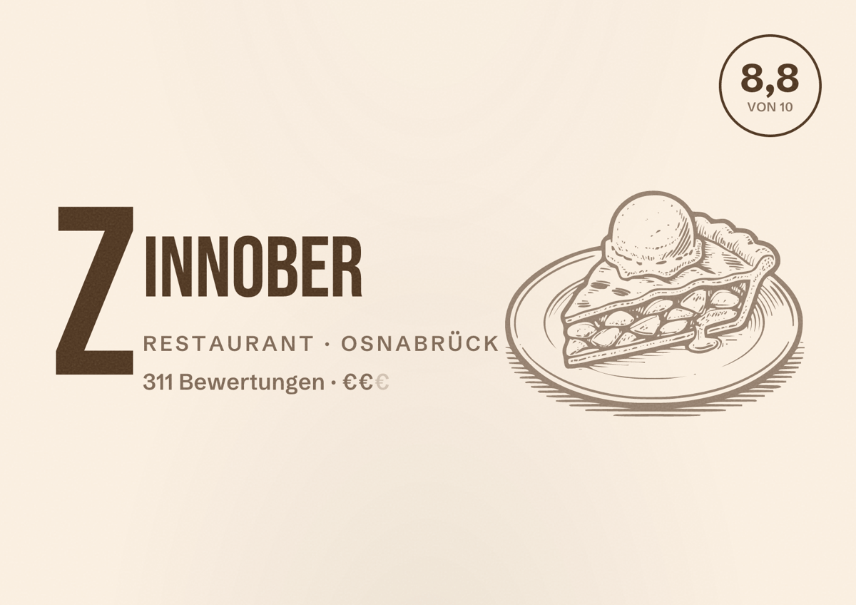 Illustriertes Poster von Zinnober, Restaurant in Osnabrück: Bewertung 8,8 von 10 aus 311 Bewertungen, Preisniveau €€