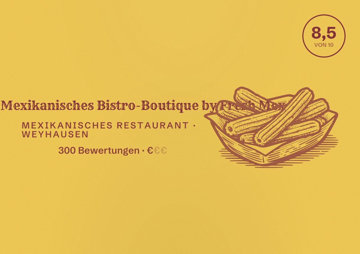 Illustriertes Poster von Zinnyas - Mexikanisches Bistro-Boutique by Fresh Mex, Mexikanisches Restaurant in Weyhausen: Bewertung 8,5 von 10 aus 300 Bewertungen, Preisniveau €