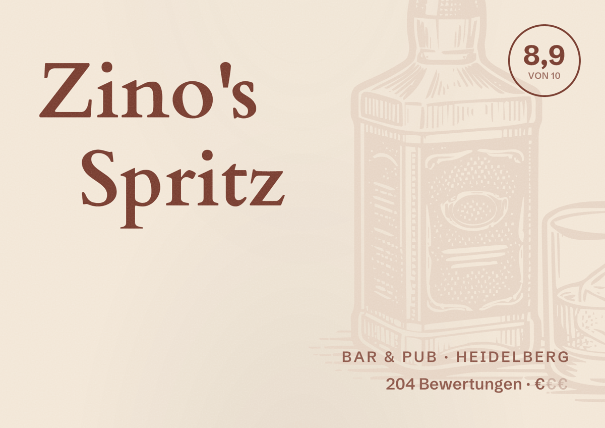 Illustriertes Poster von Zino's Spritz, Bar & Pub in Heidelberg: Bewertung 8,9 von 10 aus 204 Bewertungen, Preisniveau €
