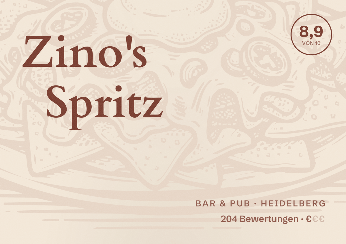 Illustriertes Poster von Zino's Spritz, Bar & Pub in Heidelberg: Bewertung 8,9 von 10 aus 204 Bewertungen, Preisniveau €