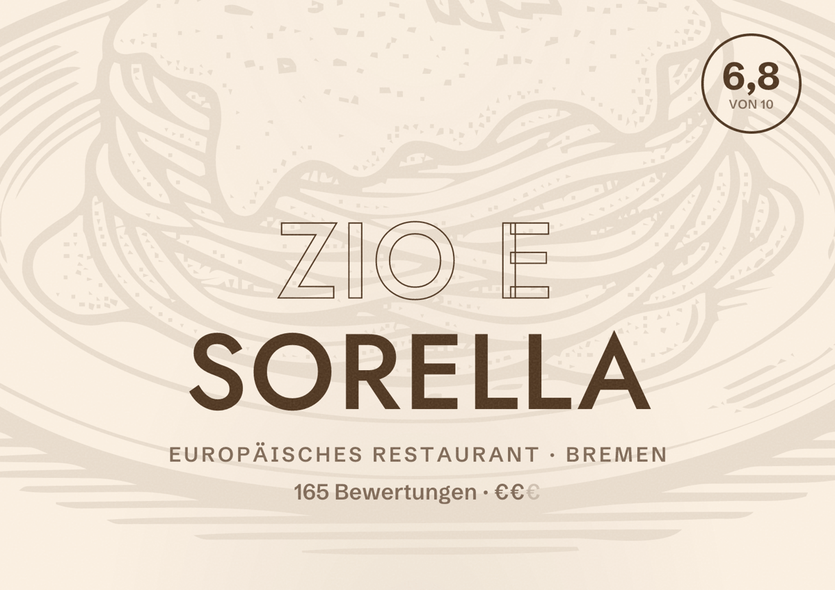 Illustriertes Poster von Zio e Sorella, Europäisches Restaurant in Bremen: Bewertung 6,8 von 10 aus 165 Bewertungen, Preisniveau €€