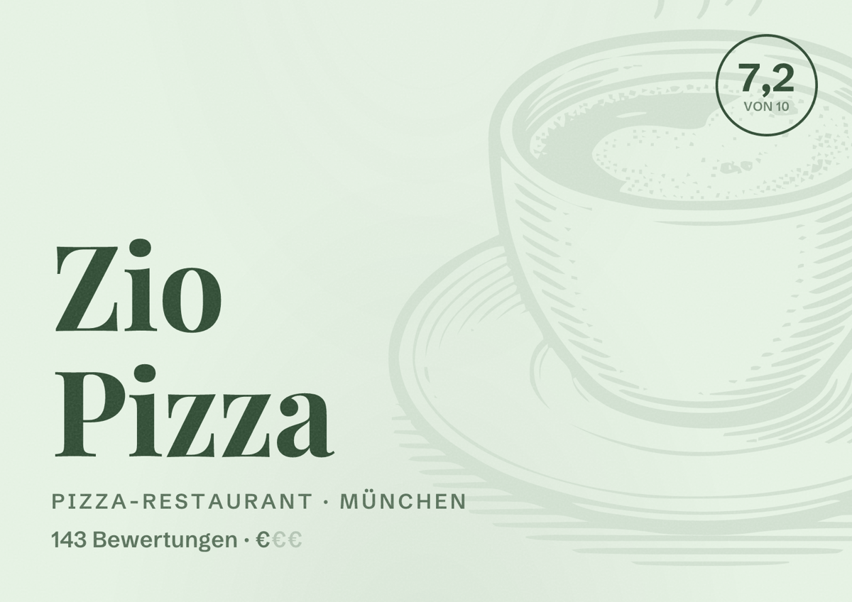 Illustriertes Poster von Zio Pizza, Pizza-Restaurant in München: Bewertung 7,2 von 10 aus 143 Bewertungen, Preisniveau €