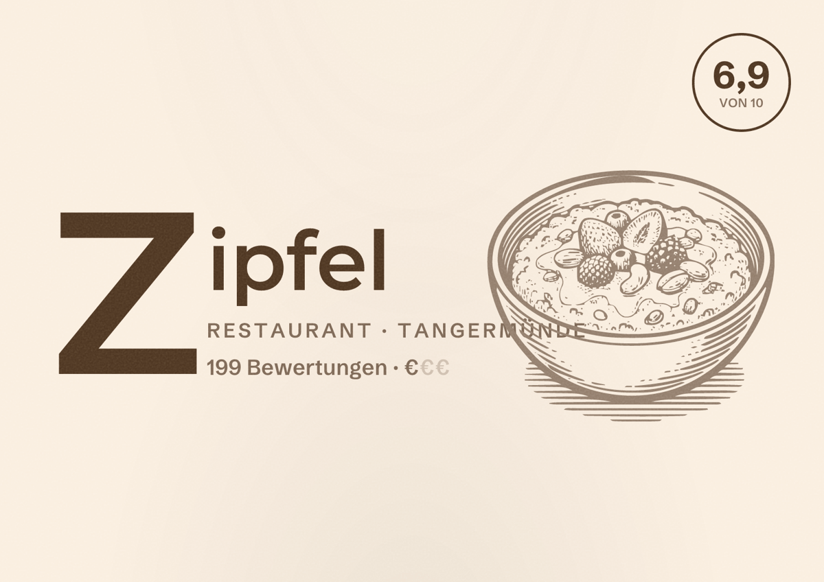 Illustriertes Poster von Zipfel, Restaurant in Tangermünde: Bewertung 6,9 von 10 aus 199 Bewertungen, Preisniveau €