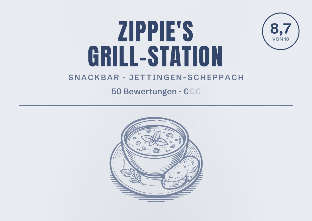 Illustriertes Poster von Zippie's Grill-Station, Snackbar in Jettingen-Scheppach: Bewertung 8,7 von 10 aus 50 Bewertungen, Preisniveau €