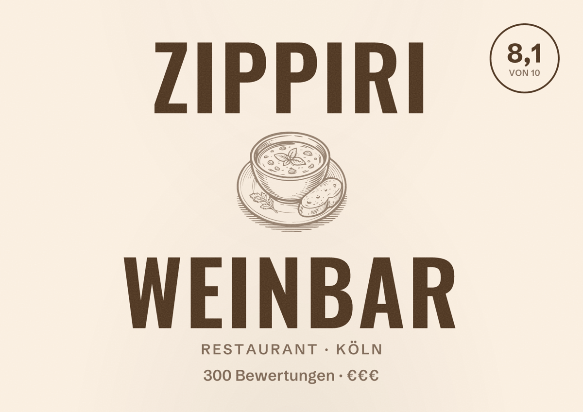 Illustriertes Poster von Zippiri Weinbar, Restaurant in Köln: Bewertung 8,1 von 10 aus 300 Bewertungen, Preisniveau €€€