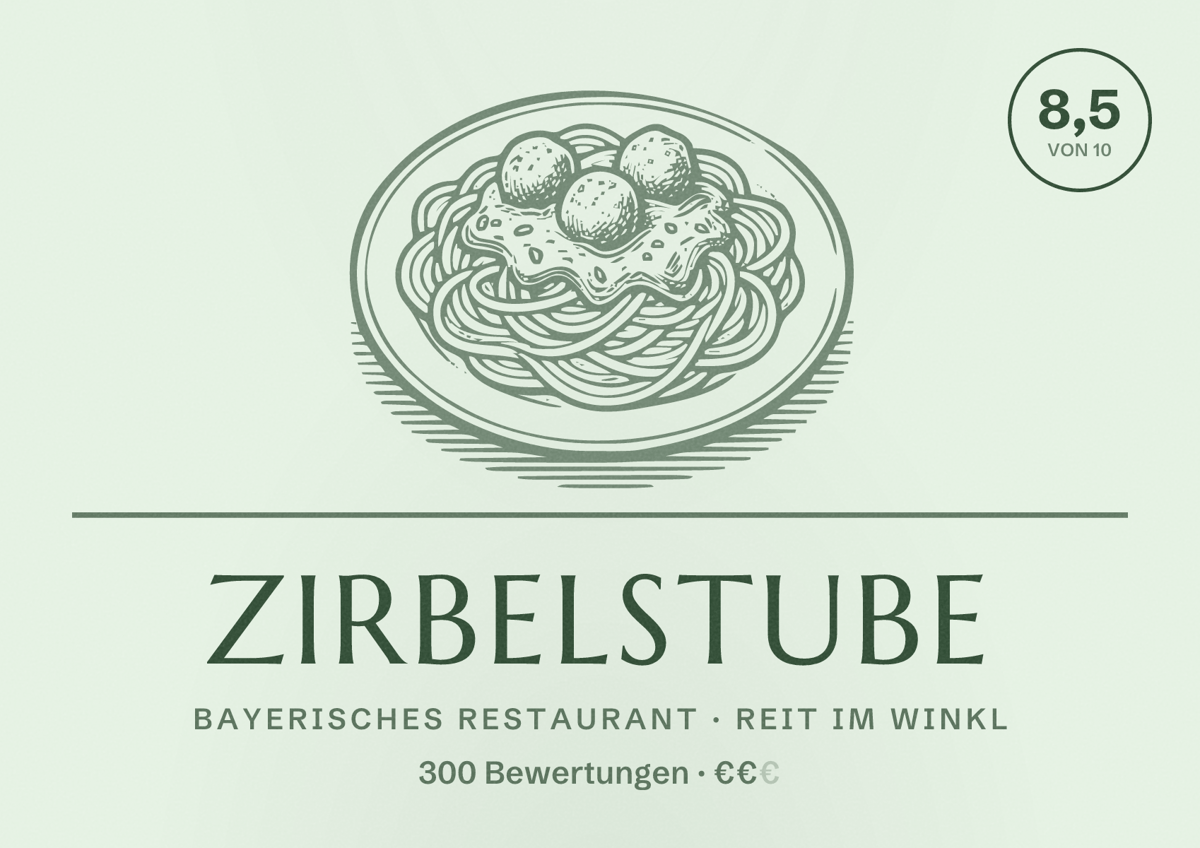 Illustriertes Poster von Zirbelstube, Bayerisches Restaurant in Reit im Winkl: Bewertung 8,5 von 10 aus 300 Bewertungen, Preisniveau €€