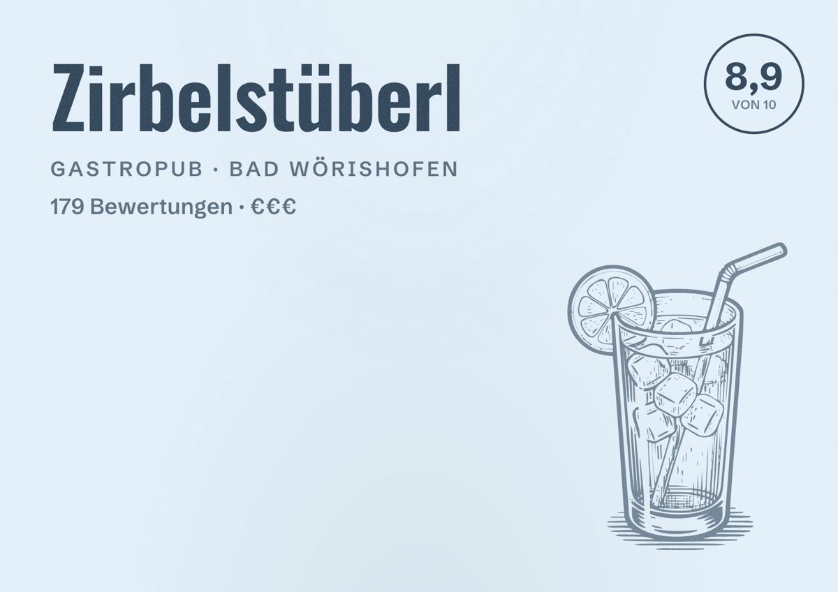 Illustriertes Poster von Zirbelstüberl, Gastropub in Bad Wörishofen: Bewertung 8,9 von 10 aus 179 Bewertungen, Preisniveau €€€