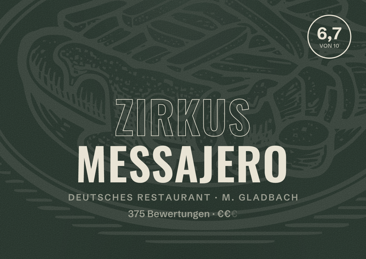 Illustriertes Poster von Zirkus Messajero, Deutsches Restaurant in M. Gladbach: Bewertung 6,7 von 10 aus 375 Bewertungen, Preisniveau €€