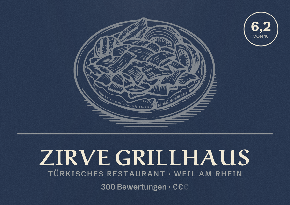 Illustriertes Poster von Zirve Grillhaus, Türkisches Restaurant in Weil am Rhein: Bewertung 6,2 von 10 aus 300 Bewertungen, Preisniveau €€