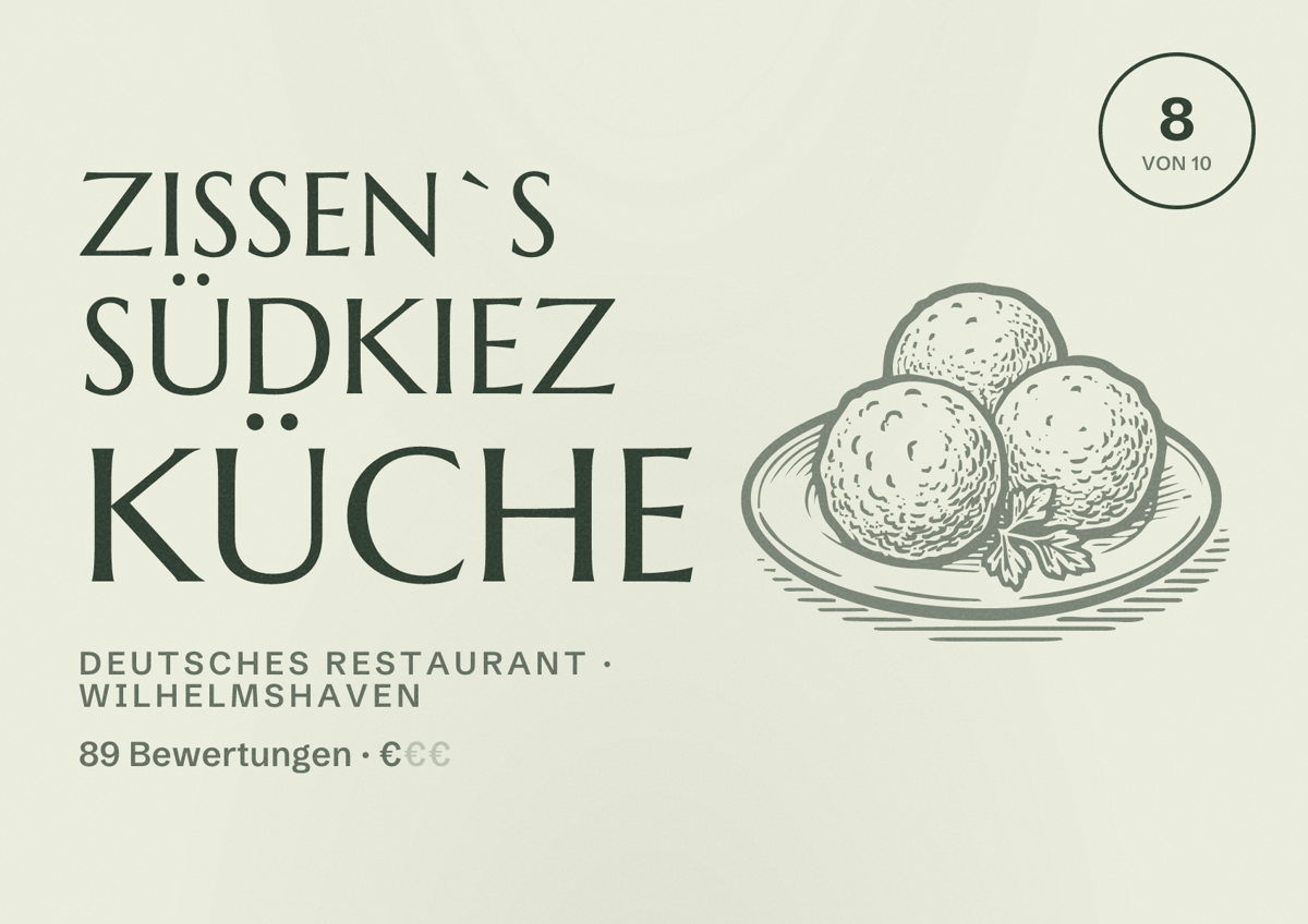 Illustriertes Poster von Zissen`s Südkiez Küche, Deutsches Restaurant in Wilhelmshaven: Bewertung 8 von 10 aus 89 Bewertungen, Preisniveau €