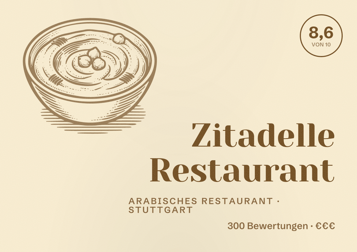 Illustriertes Poster von Zitadelle Restaurant, Arabisches Restaurant in Stuttgart: Bewertung 8,6 von 10 aus 300 Bewertungen, Preisniveau €€€
