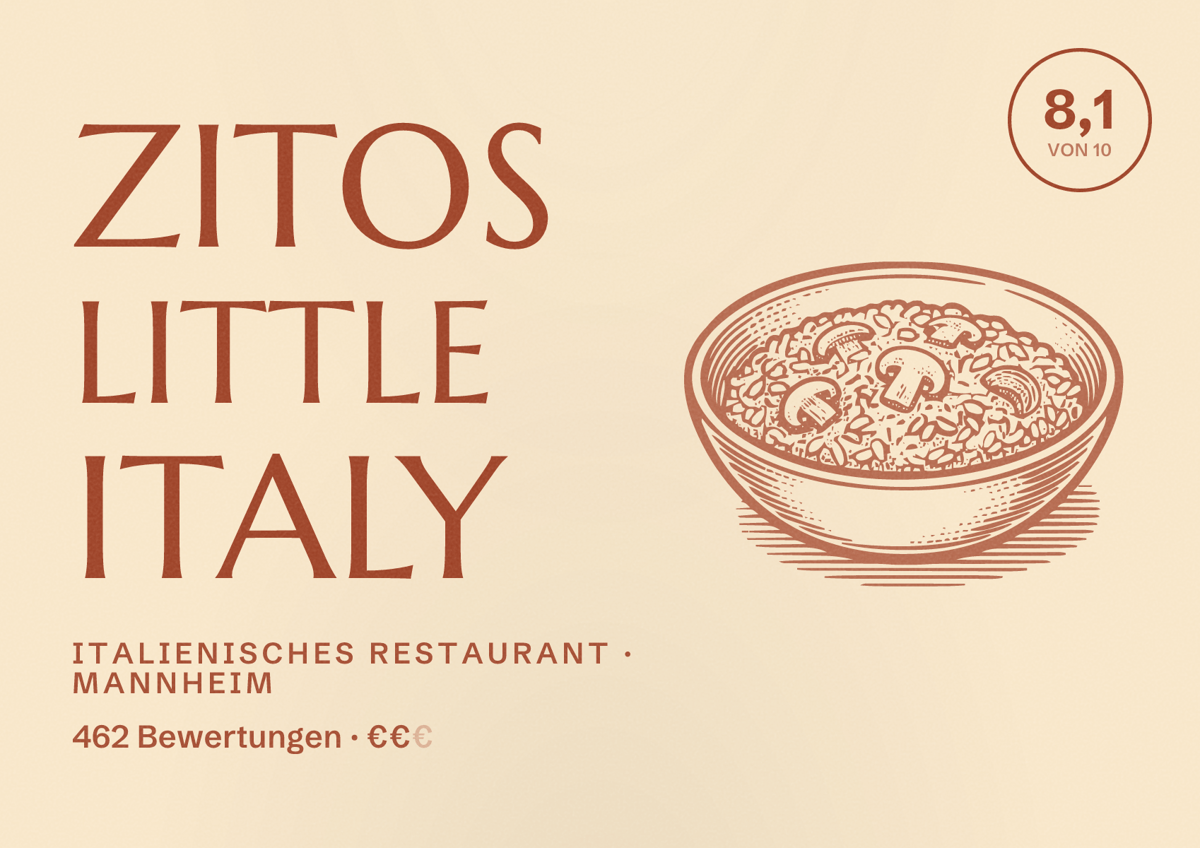 Illustriertes Poster von Zitos Little Italy, Italienisches Restaurant in Mannheim: Bewertung 8,1 von 10 aus 462 Bewertungen, Preisniveau €€