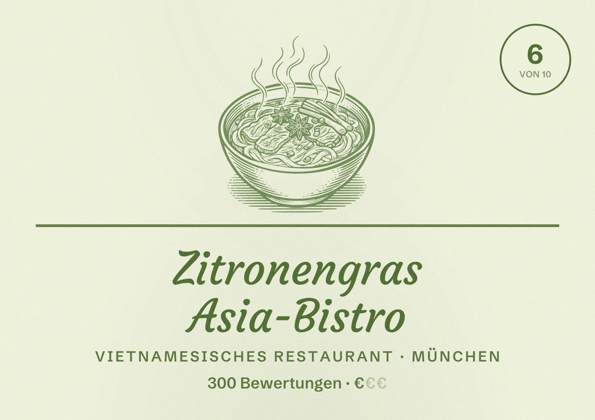 Illustriertes Poster von Zitronengras Asia-Bistro, Vietnamesisches Restaurant in München: Bewertung 6 von 10 aus 300 Bewertungen, Preisniveau €