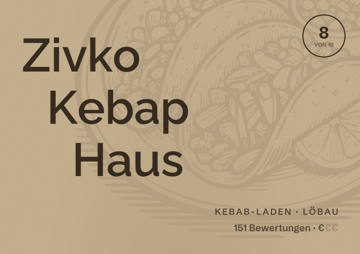 Illustriertes Poster von Zivko Kebap Haus, Kebab-Laden in Löbau: Bewertung 8 von 10 aus 151 Bewertungen, Preisniveau €