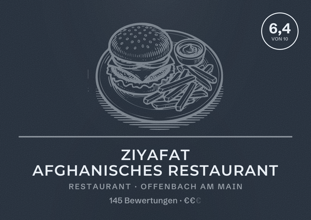 Illustriertes Poster von Ziyafat Afghanisches Restaurant, Restaurant in Offenbach am Main: Bewertung 6,4 von 10 aus 145 Bewertungen, Preisniveau €€
