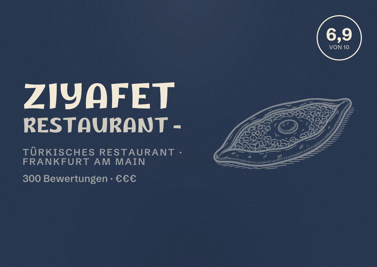 Illustriertes Poster von Ziyafet Restaurant -, Türkisches Restaurant in Frankfurt am Main: Bewertung 6,9 von 10 aus 300 Bewertungen, Preisniveau €€€