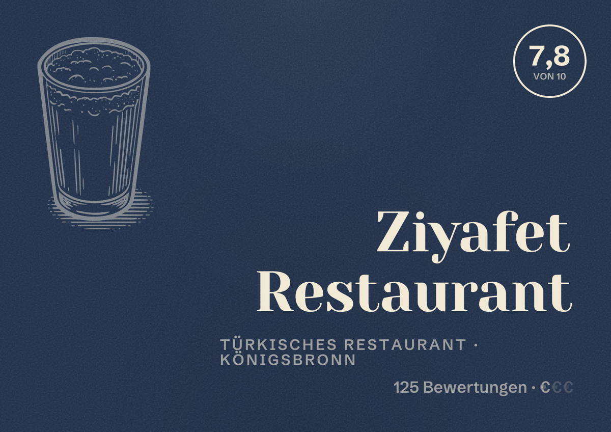 Illustriertes Poster von Ziyafet Restaurant, Türkisches Restaurant in Königsbronn: Bewertung 7,8 von 10 aus 125 Bewertungen, Preisniveau €