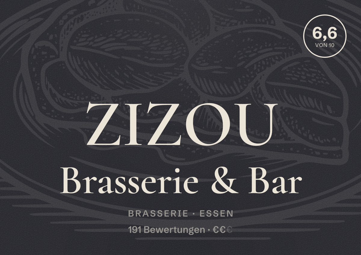 Illustriertes Poster von ZIZOU Brasserie & Bar, Brasserie in Essen: Bewertung 6,6 von 10 aus 191 Bewertungen, Preisniveau €€