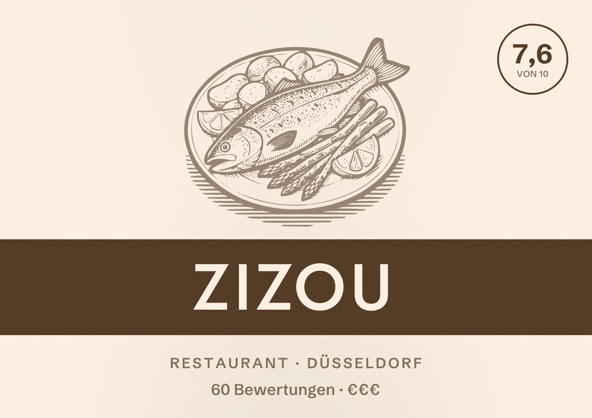 Illustriertes Poster von Zizou, Restaurant in Düsseldorf: Bewertung 7,6 von 10 aus 60 Bewertungen, Preisniveau €€€