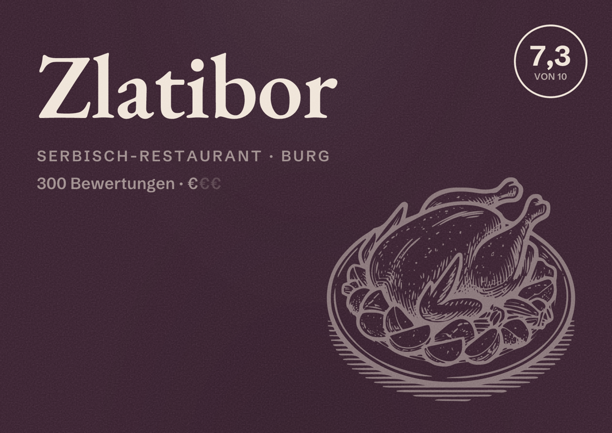 Illustriertes Poster von Zlatibor, Serbisch-Restaurant in Burg: Bewertung 7,3 von 10 aus 300 Bewertungen, Preisniveau €