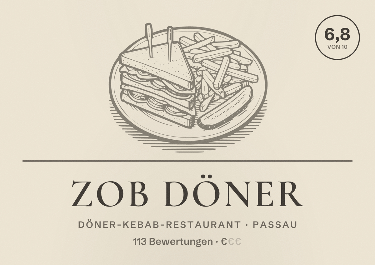 Illustriertes Poster von ZOB Döner, Döner-Kebab-Restaurant in Passau: Bewertung 6,8 von 10 aus 113 Bewertungen, Preisniveau €