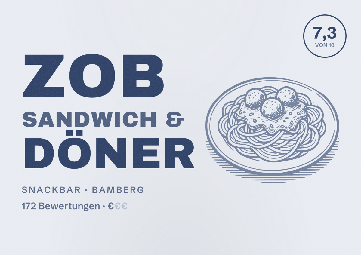 Illustriertes Poster von ZOB SANDWICH & Döner, Snackbar in Bamberg: Bewertung 7,3 von 10 aus 172 Bewertungen, Preisniveau €