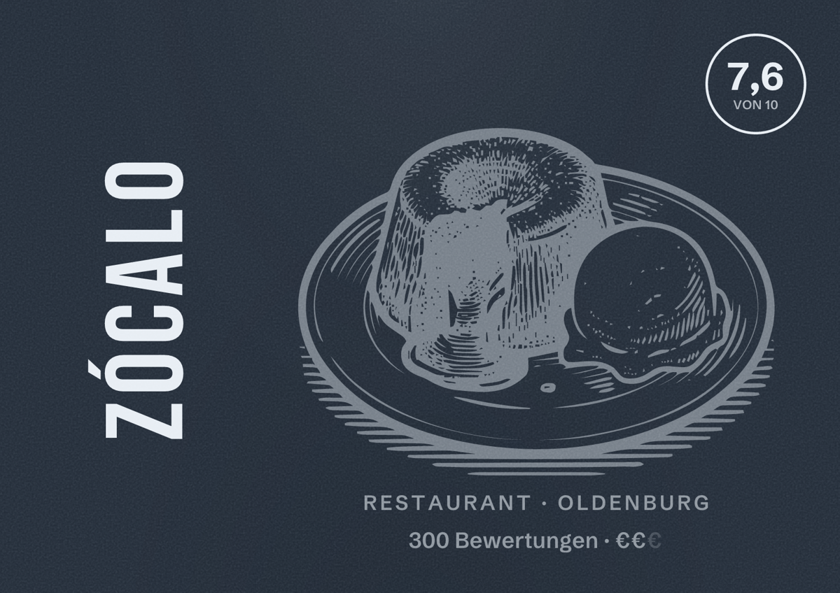 Illustriertes Poster von Zócalo, Restaurant in Oldenburg: Bewertung 7,6 von 10 aus 300 Bewertungen, Preisniveau €€