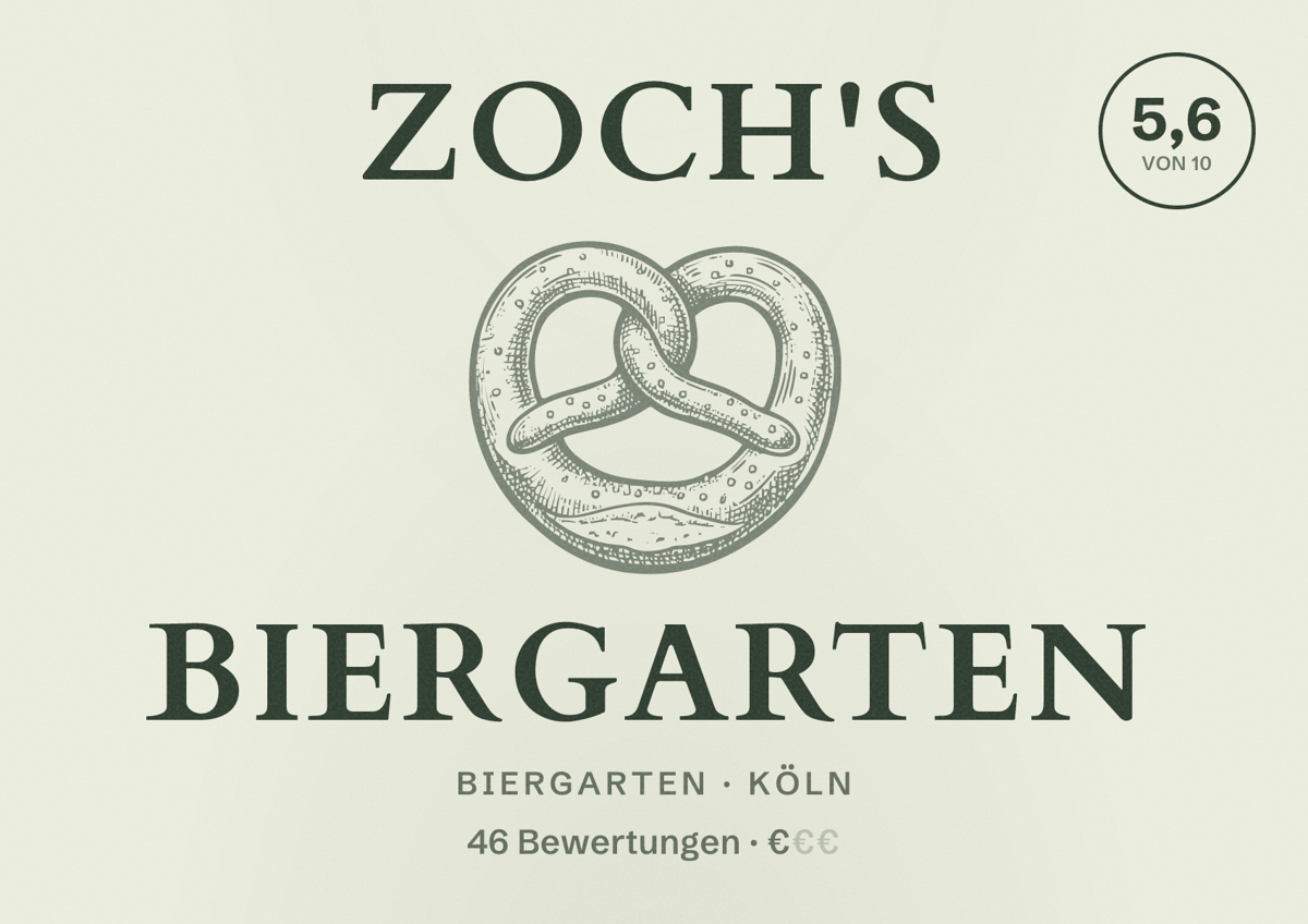 Illustriertes Poster von Zoch's Biergarten, Biergarten in Köln: Bewertung 5,6 von 10 aus 46 Bewertungen, Preisniveau €