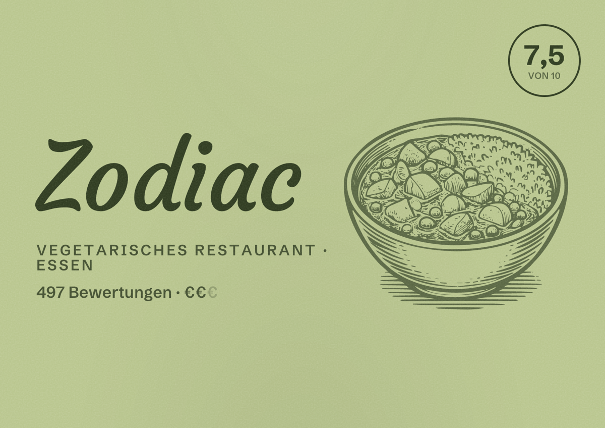 Illustriertes Poster von Zodiac, Vegetarisches Restaurant in Essen: Bewertung 7,5 von 10 aus 497 Bewertungen, Preisniveau €€