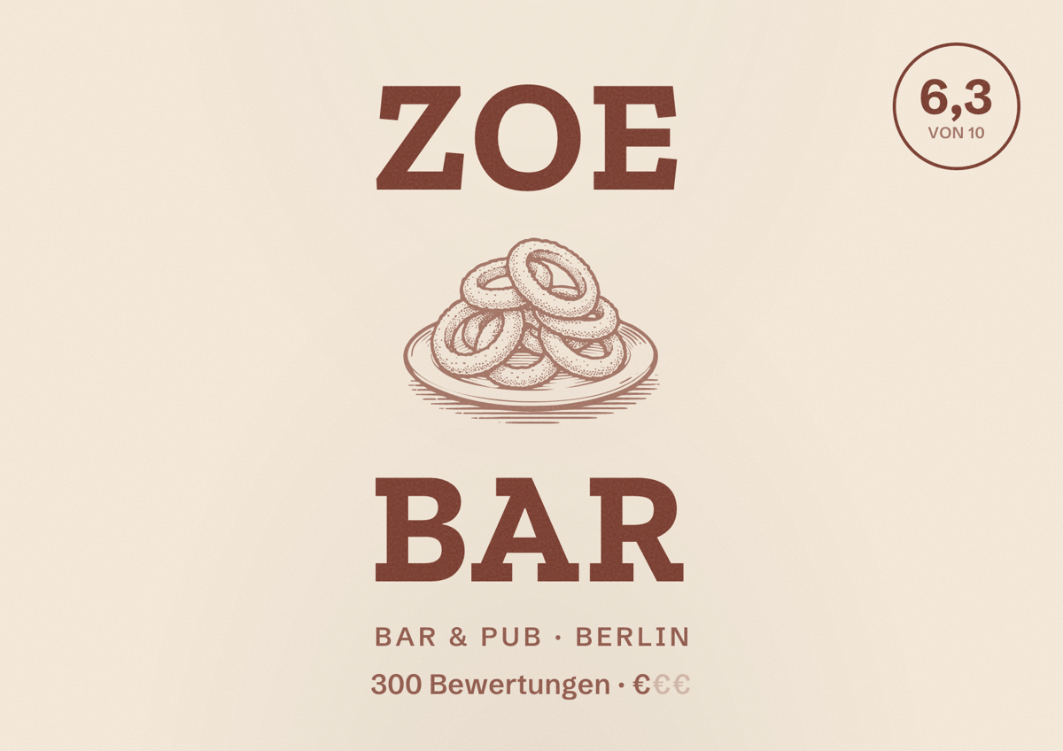Illustriertes Poster von ZOE Bar, Bar & Pub in Berlin: Bewertung 6,3 von 10 aus 300 Bewertungen, Preisniveau €
