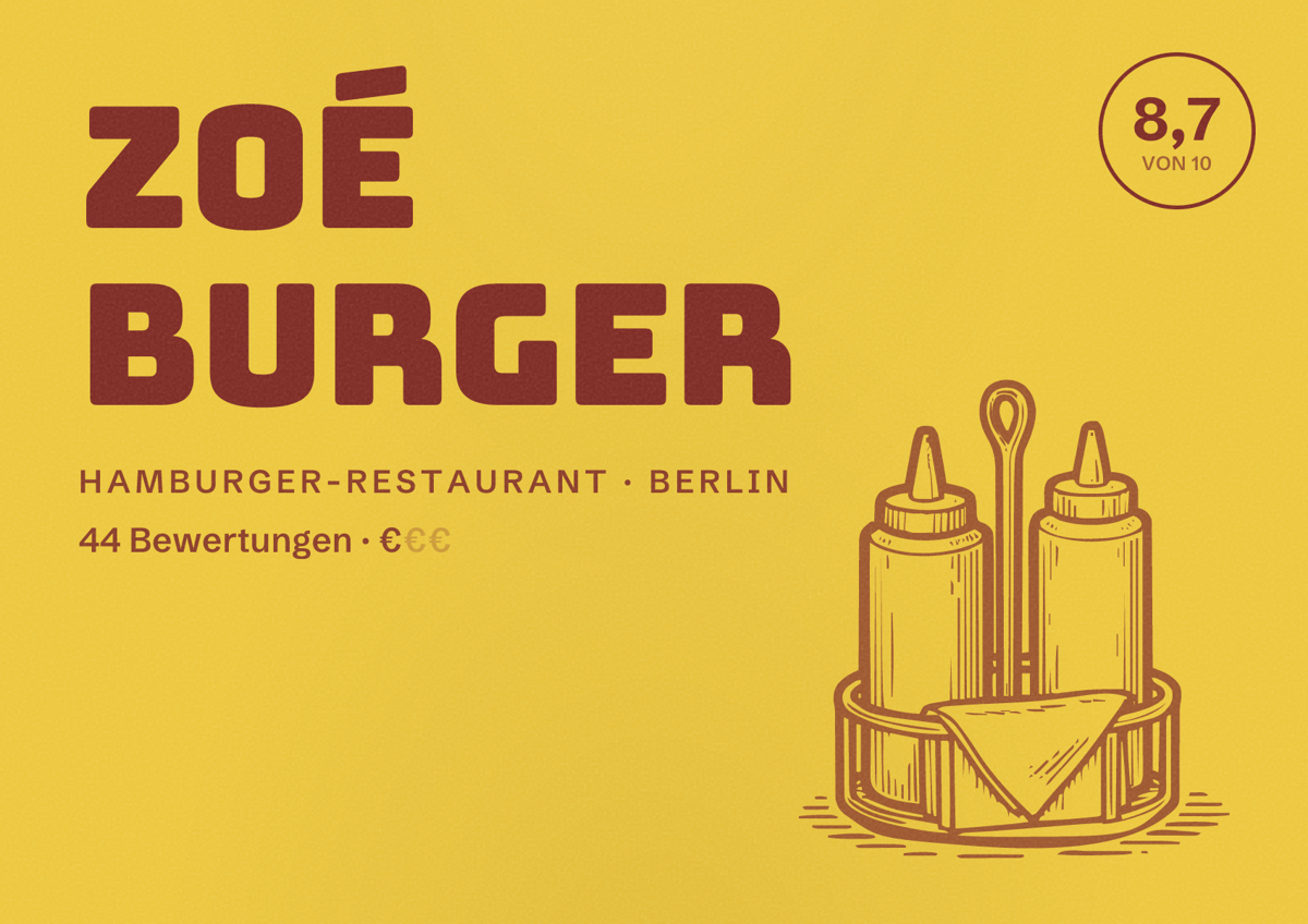 Illustriertes Poster von Zoé Burger, Hamburger-Restaurant in Berlin: Bewertung 8,7 von 10 aus 44 Bewertungen, Preisniveau €