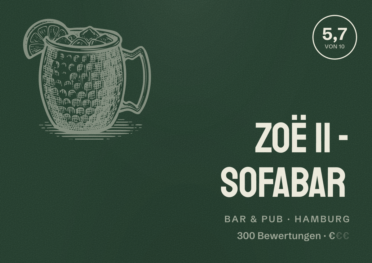 Illustriertes Poster von Zoë II - Sofabar, Bar & Pub in Hamburg: Bewertung 5,7 von 10 aus 300 Bewertungen, Preisniveau €