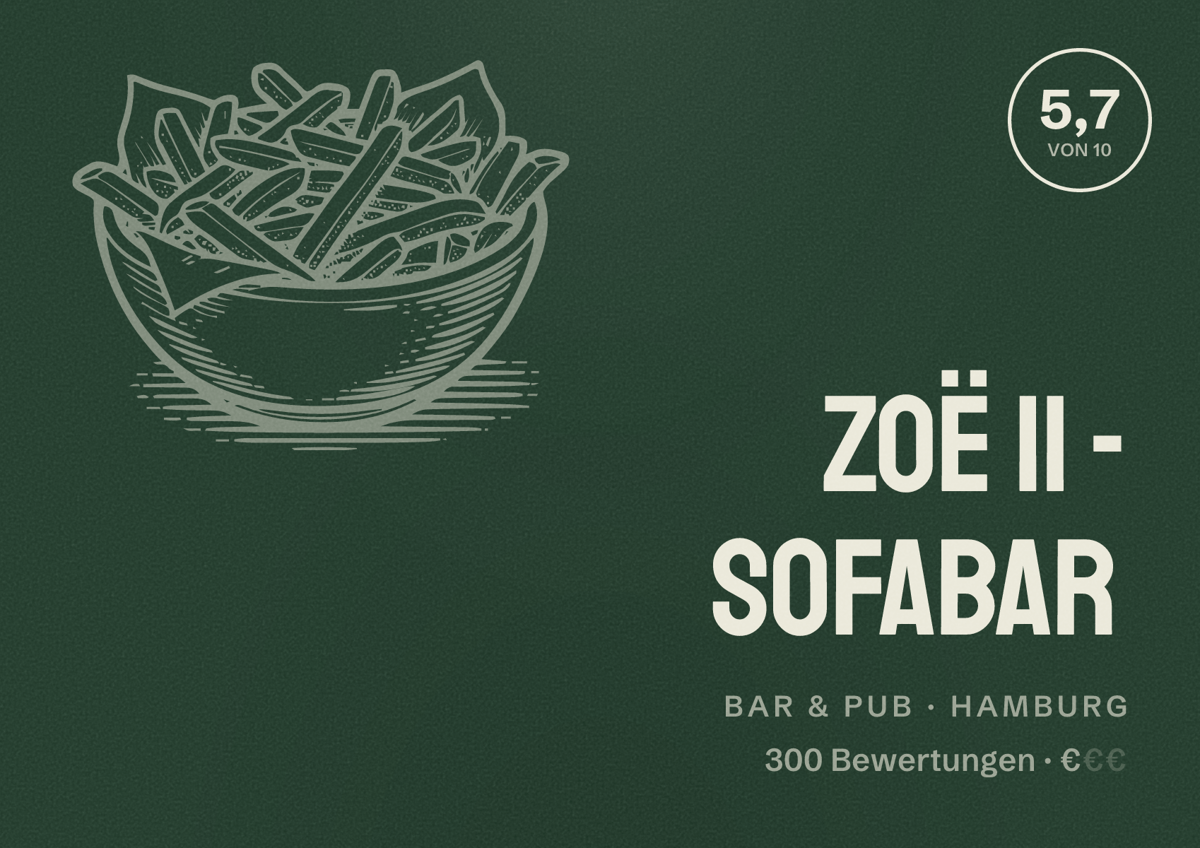 Illustriertes Poster von Zoë II - Sofabar, Bar & Pub in Hamburg: Bewertung 5,7 von 10 aus 300 Bewertungen, Preisniveau €