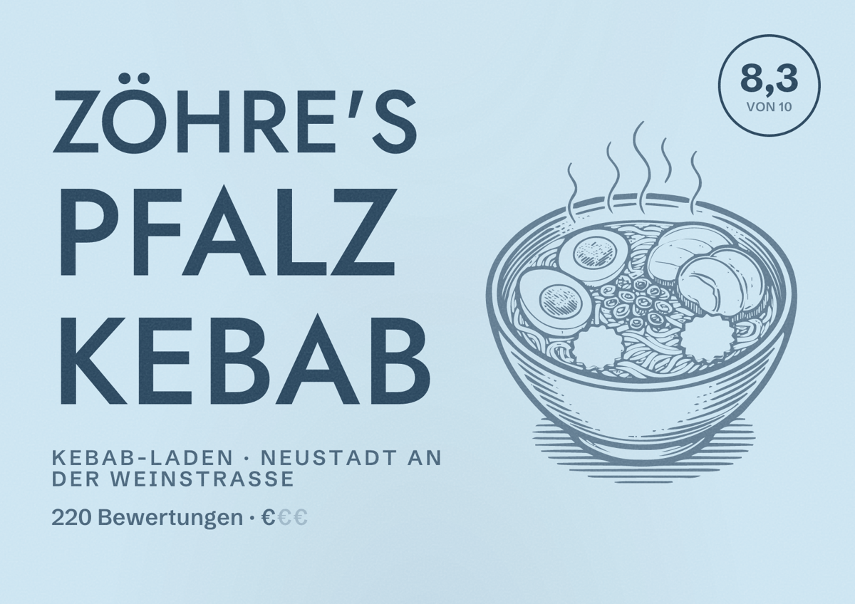 Illustriertes Poster von Zöhre's Pfalz Kebab, Kebab-Laden in Neustadt an der Weinstraße: Bewertung 8,3 von 10 aus 220 Bewertungen, Preisniveau €